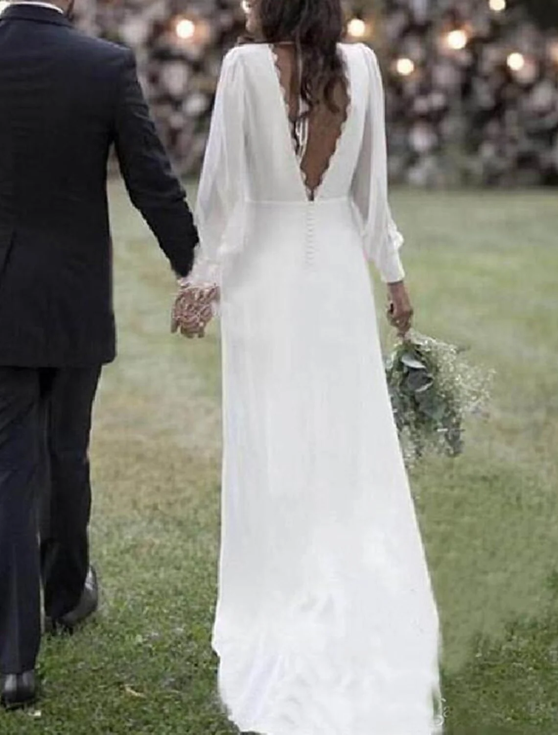 Hall Open Back Simple Wedding Dresses Sheath / Column V Neck Long Sleeve Sweep / Brush Train Chiffon Bridal Gowns With Solid Color - Image 3