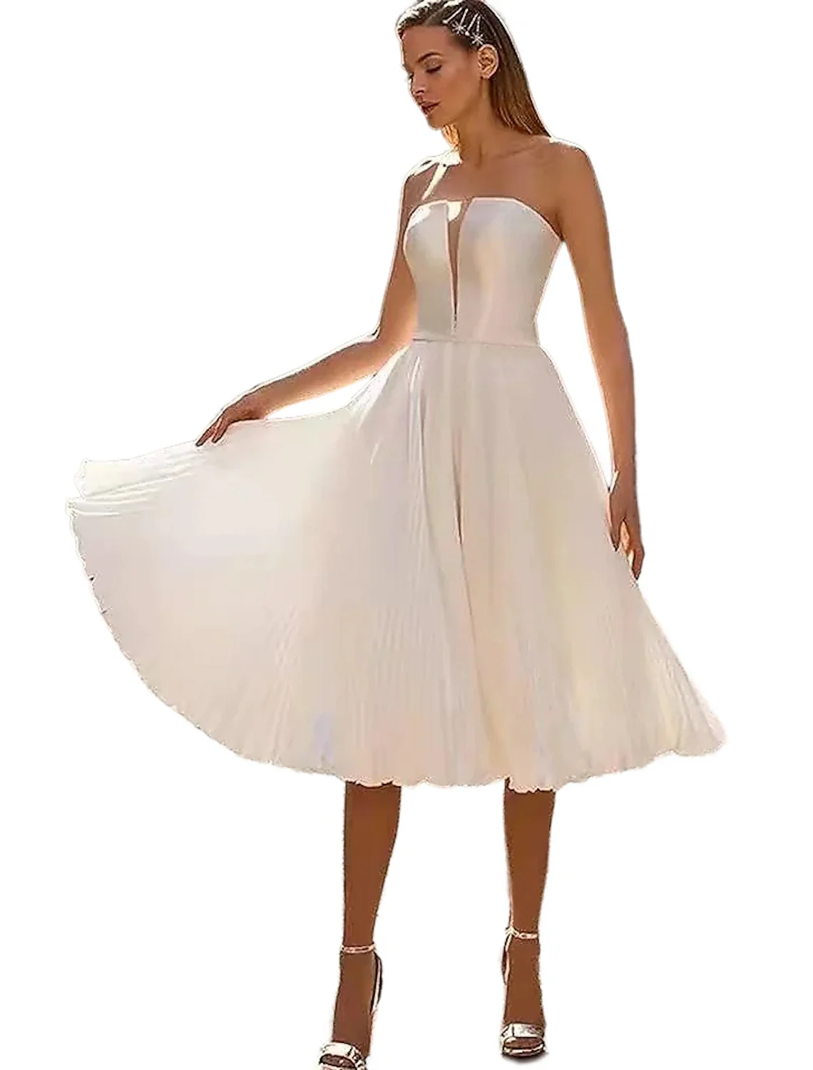 Reception Simple Wedding Dresses Wedding Dresses A-Line Off Shoulder Cap Sleeve Knee Length Tulle Bridal Gowns With Solid Color - Image 3